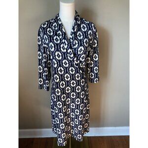 J McLaughlin Panama Ikat Print Faux Wrap Catalina Cloth Blue & Cream Dress Sz M